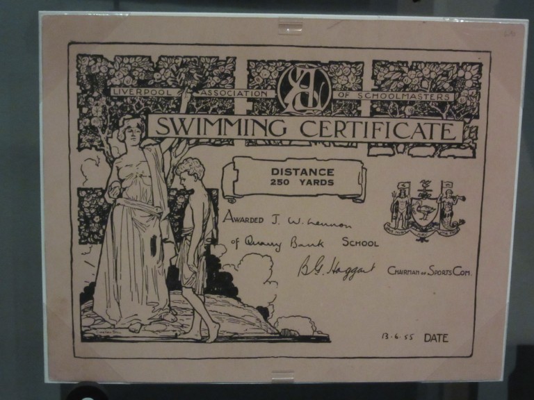 John Lennon’s Swimming Certificate as exhibited in the Rock and Roll Hall of Fame in Cleveland, Ohio. Photo: Maximilian Georg