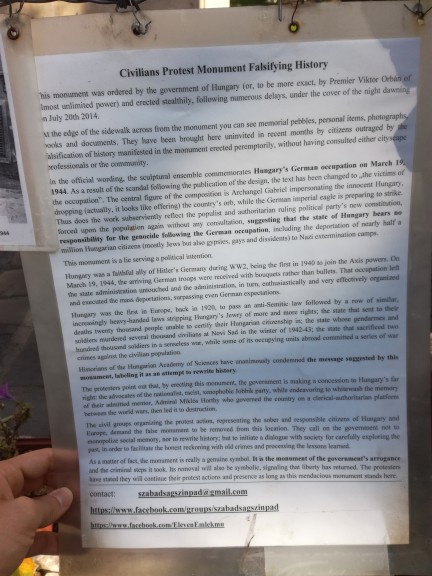 English-language information sheet of counter monument in Budapest. (Photo: Daniel Leon)