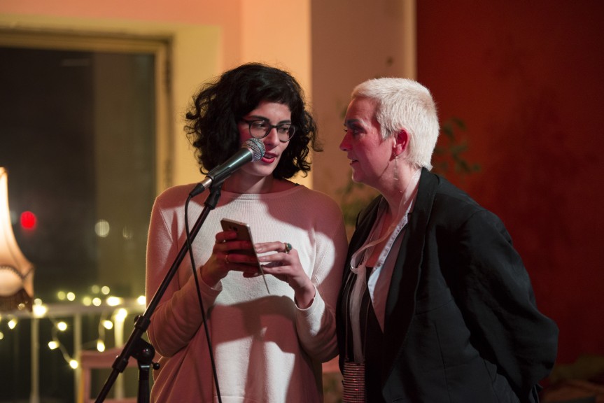 Rima Chakaroun (left) and Maeshelle West-Davies, regulars at past Leipzig Writers open mics, also performed at the LeipGlo/Baileo open mic in February. (Photo: Kate Hiller)