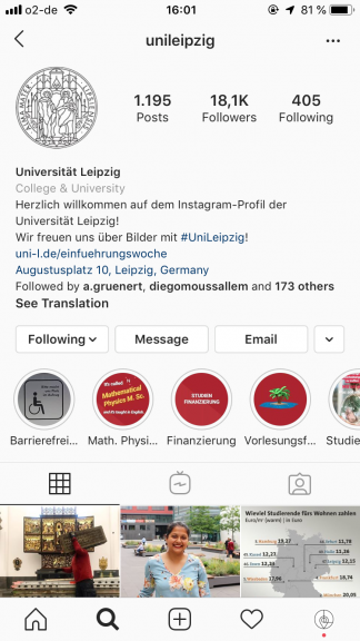Screenshot Instagram University of Leipzig