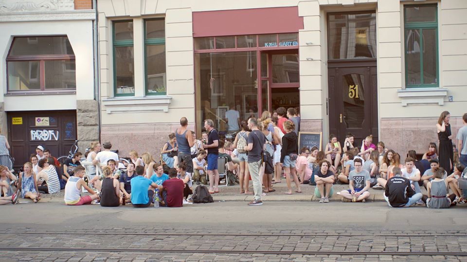 Entrance to Helmut Space with a crowd outside