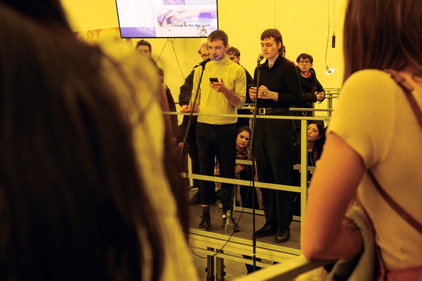 People at the exhibition "We All Should Be Lichens" at a&0 Kunsthalle. 