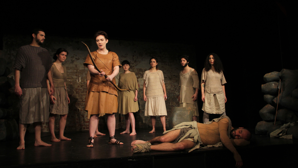 Neoptolemus and the Chorus with Philoctetes. Image by Shira Bitan, courtesy of ETL.