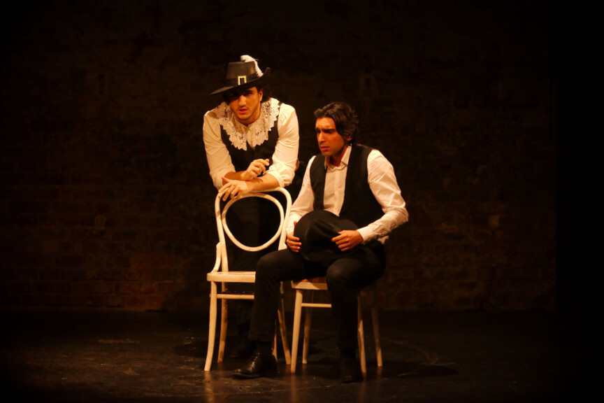 Cyrano (Sami Mawed) and Christian (Ibrahim Abukaf). Image by Peter Hubbard, courtesy of ETL.