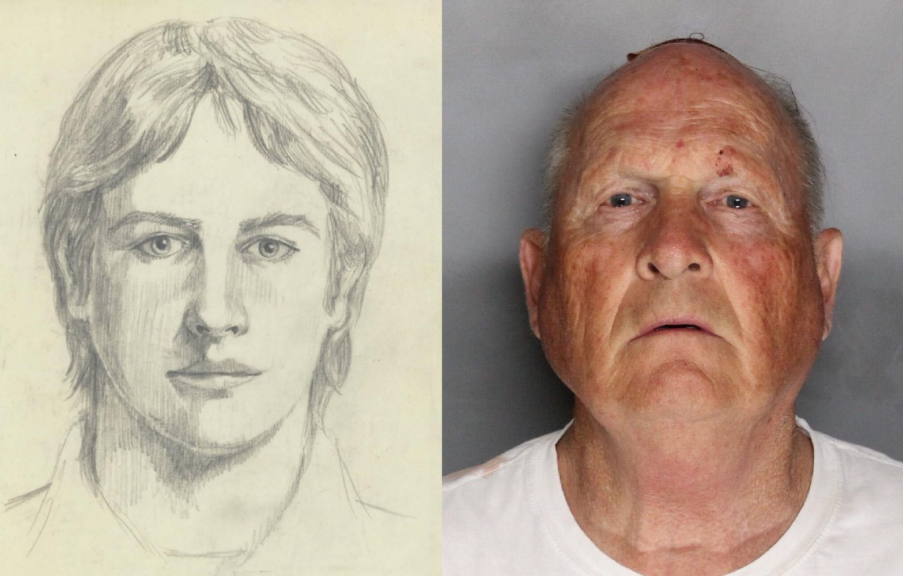 Sketch of EARONS Golden State Killer and mugshot of Joseph James DeAngelo from I'll Be Gone in the Dark