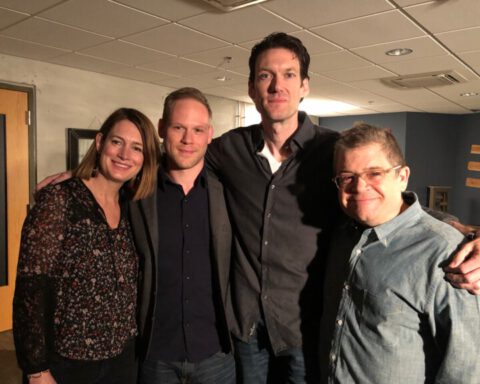 Gillian Flynn, Paul Haynes, Billy Jensen and Patton Oswalt in Chicago backstage at a book event the day the Golden State Killer