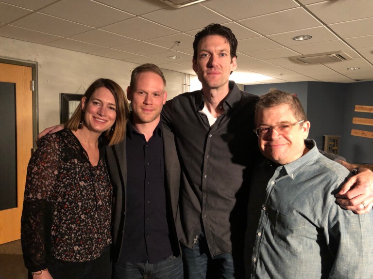 Gillian Flynn, Paul Haynes, Billy Jensen and Patton Oswalt in Chicago backstage at a book event the day the Golden State Killer