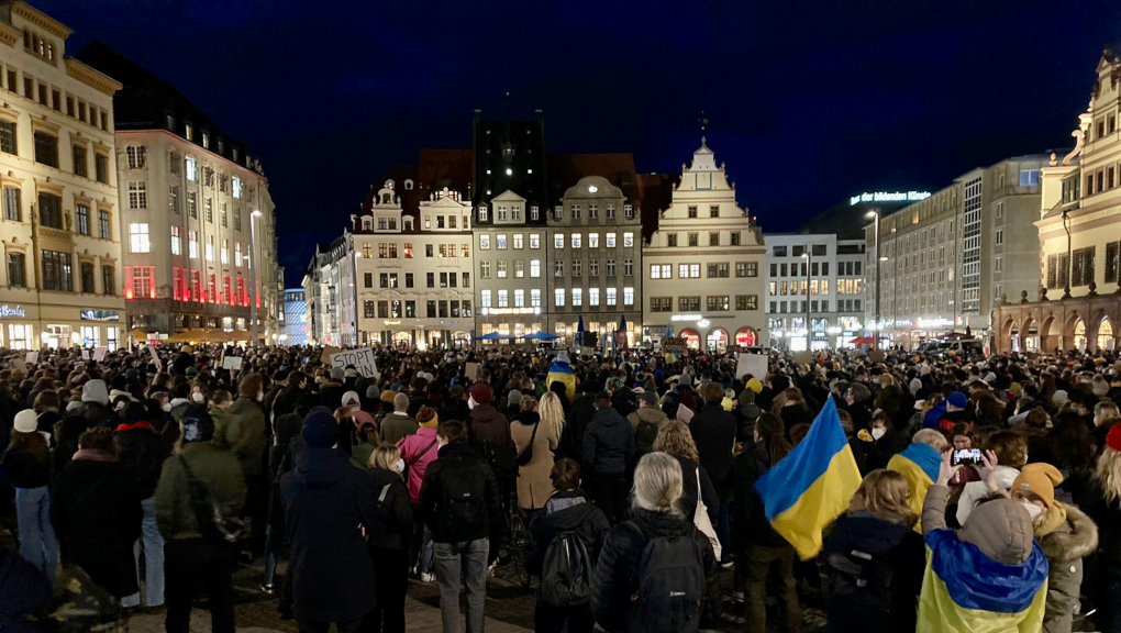 Anti-war crowd in front of building