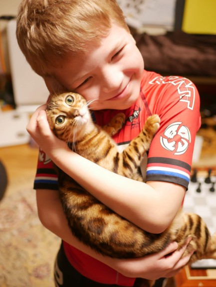 Boy hugging cat