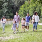 Families walking in park
