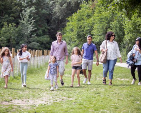 Families walking in park