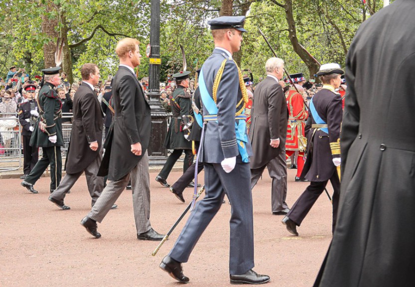 Prince William and Harry march in the Queen's funeral procession