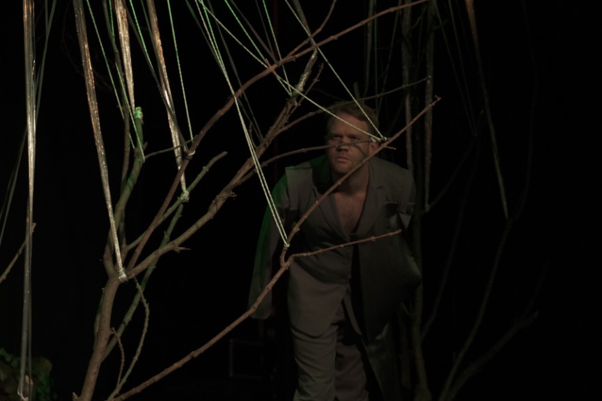Man on dark stage hiding behind branches