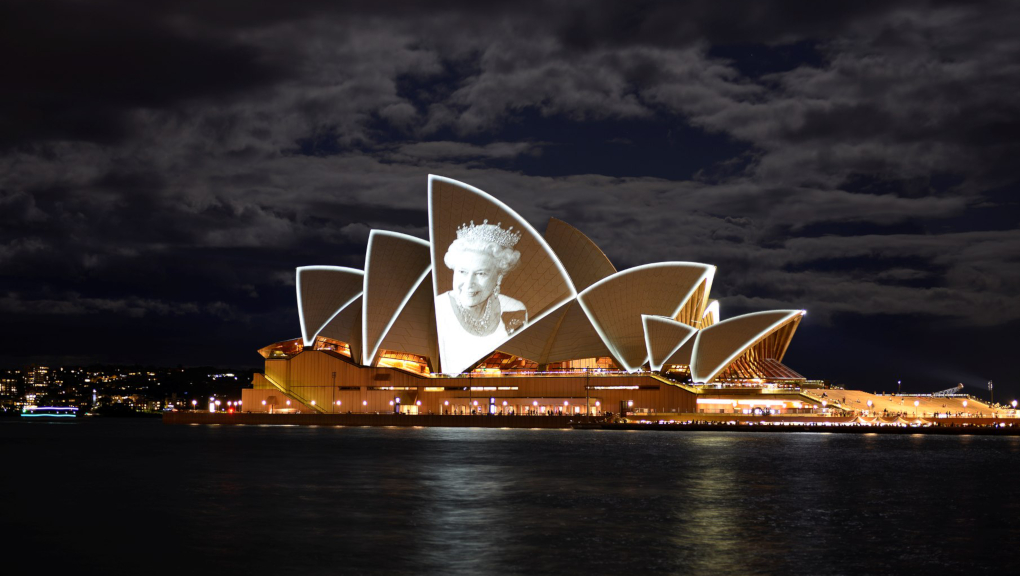 Queen Elizabeth II's face projected onto the Sydney Opera House.