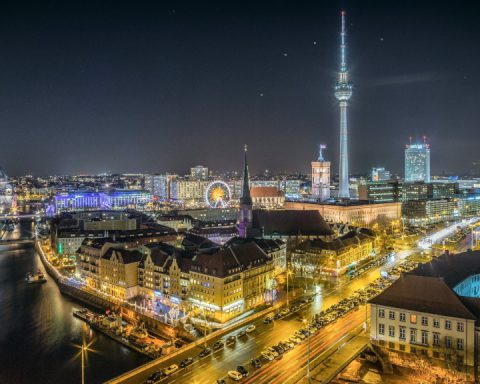 Night time Berlin cityscape