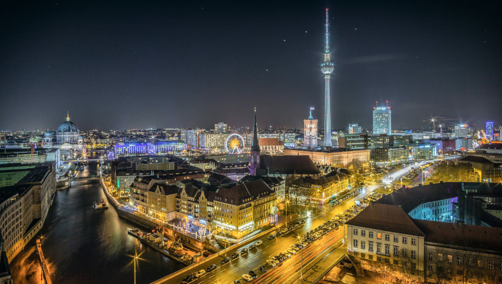 Night time Berlin cityscape