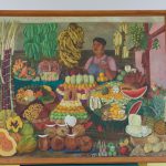 close up of colourful painting of fruit vendor