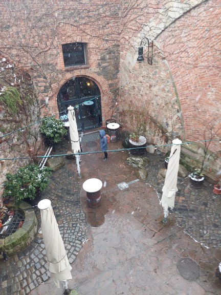 The courtyard at Moritzbastei Leipzig on a snowy day