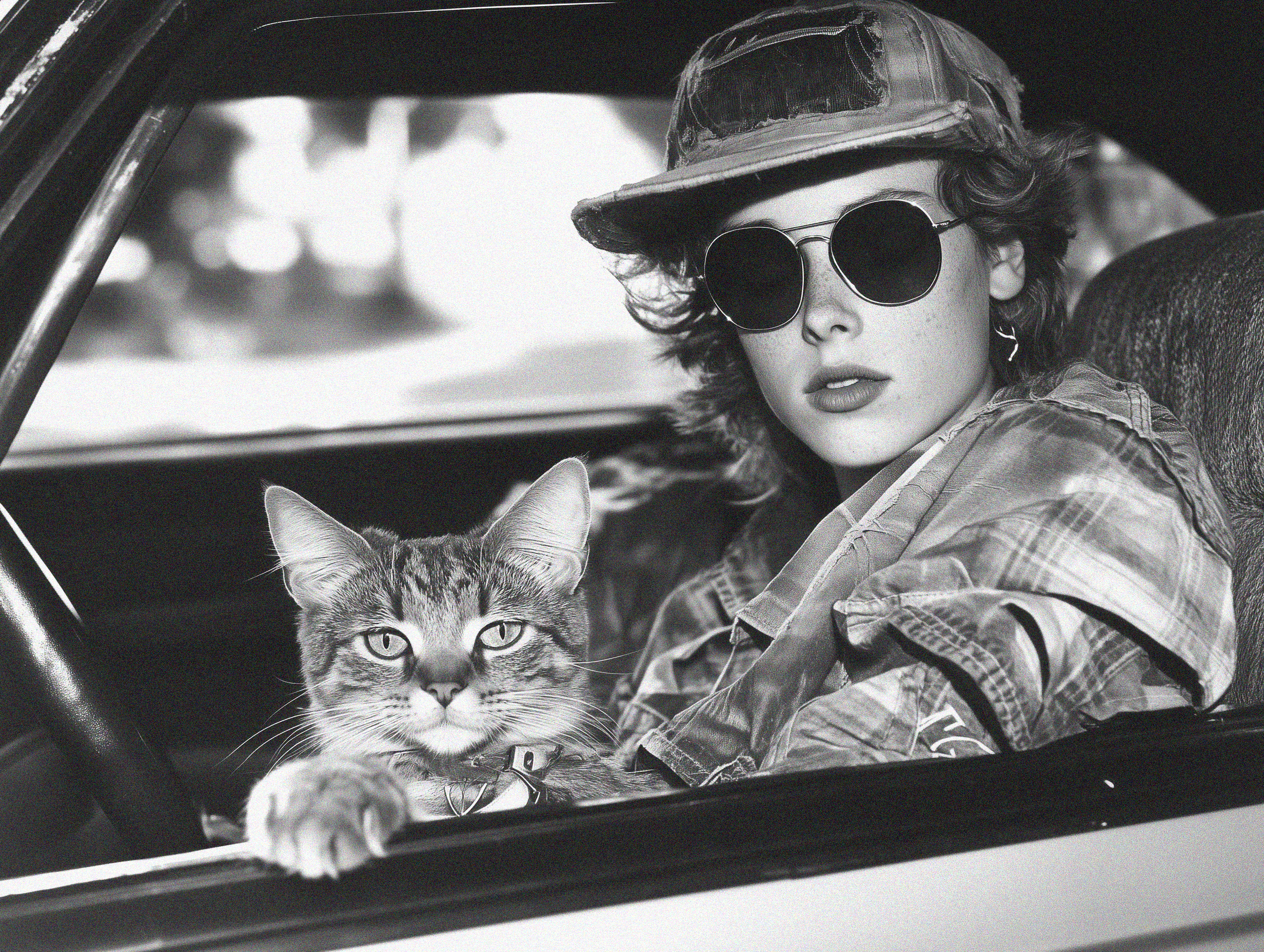 Cat riding in a car with a woman -